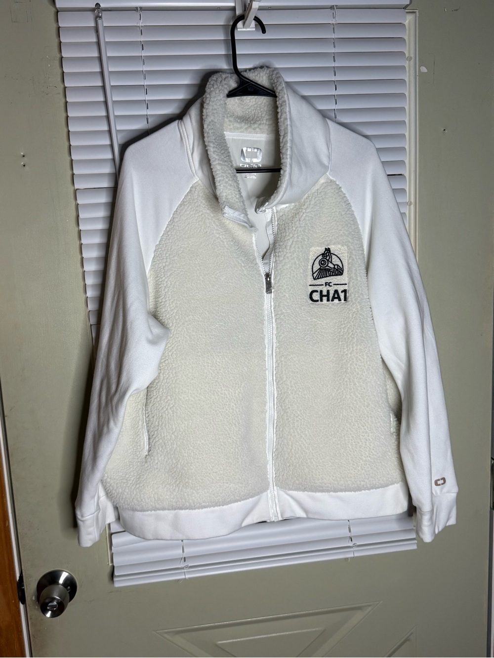 Woman’s OGIO White Sherpa Zip Jacket with Chest Embroidery